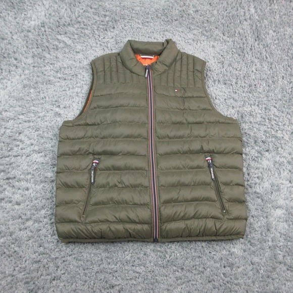 Tommy Hilfiger Puffer Vest Mens L Green Insulated Collared Zip Padded NWT